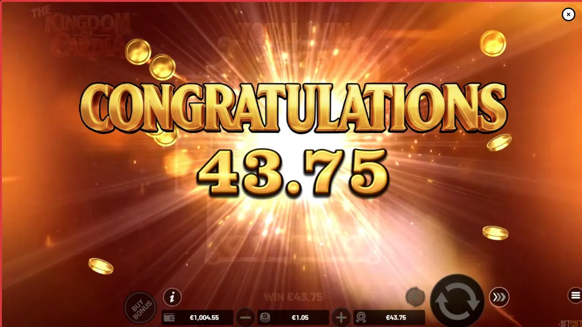 The Kingdom of Cardia slot machine interface featuring whimsical garden and card symbols.