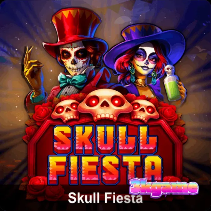 A vibrant graveyard scene from the Skull Fiesta slot featuring glowing skulls and marigolds.
